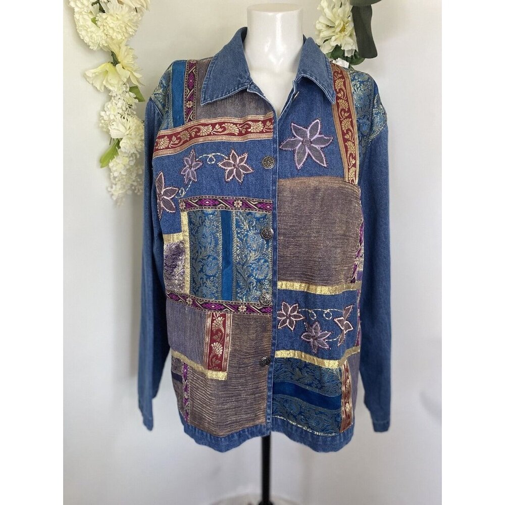 Bedford Fair Lifestyles‎ Jean Shirt Jacket w Embroidery Appliques Beads Sz L Vtg